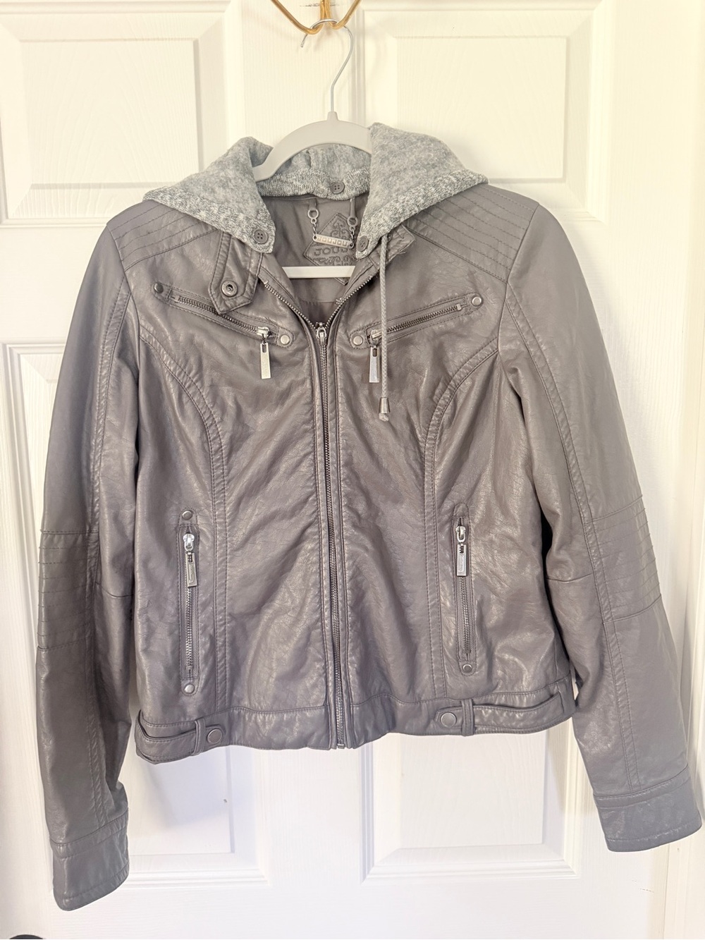 Juniors Gray Faux Leather Hooded Jacket